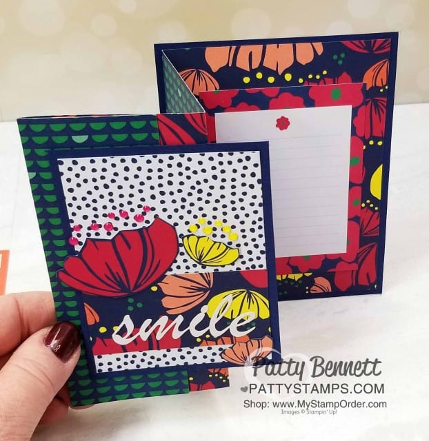 Happiness Blooms designer paper fun fold card idea featuring Stampin' Up! card making supplies and Memories & More cards, by Patty Bennett, www.PattyStamps.com