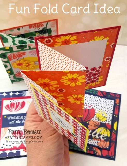 Happiness Blooms designer paper fun fold card idea featuring Stampin' Up! card making supplies and Memories & More cards, by Patty Bennett, www.PattyStamps.com