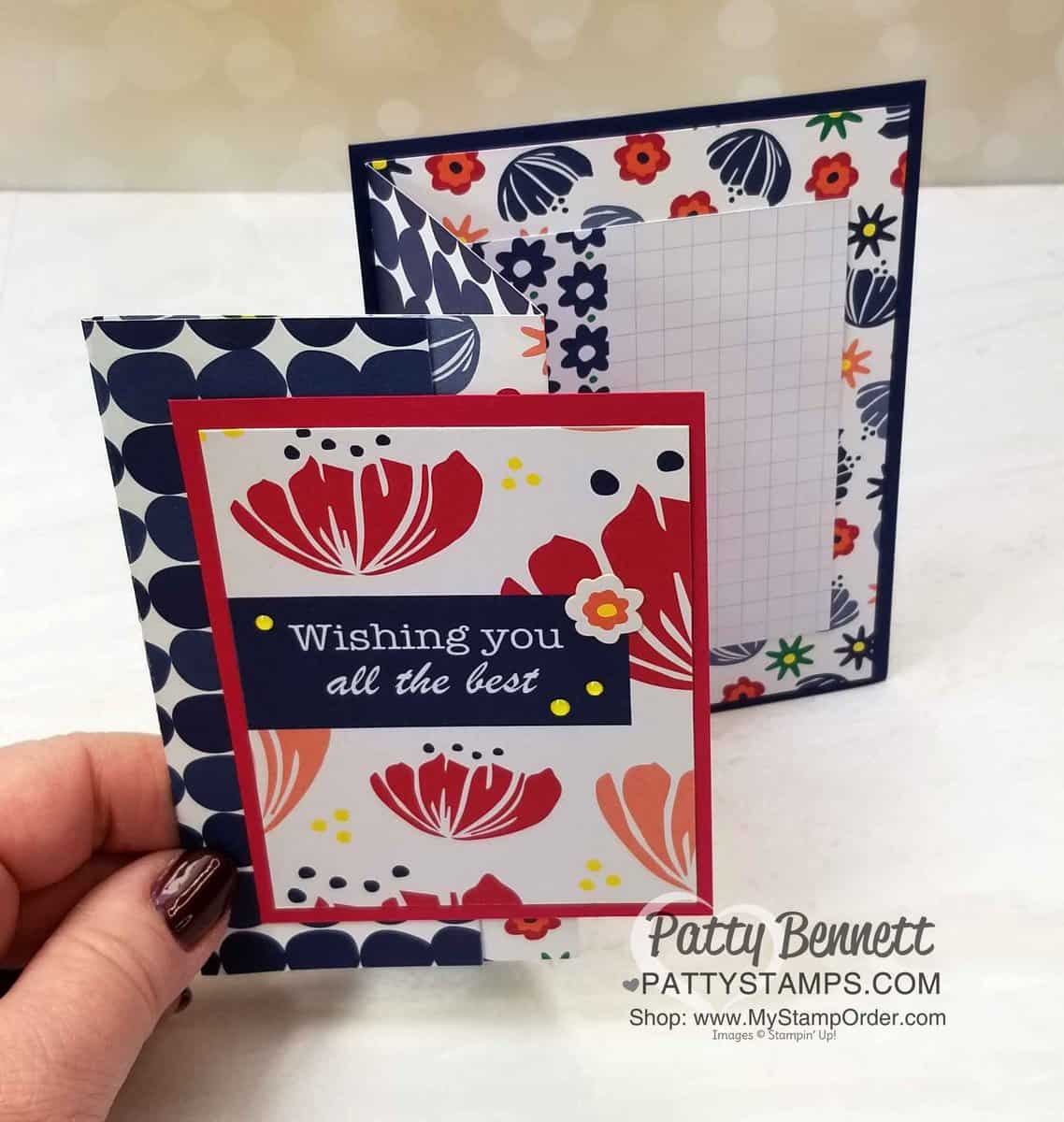 Happiness Blooms designer paper fun fold card idea featuring Stampin' Up! card making supplies and Memories & More cards, by Patty Bennett, www.PattyStamps.com