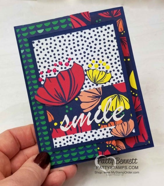 Happiness Blooms designer paper fun fold card idea featuring Stampin' Up! card making supplies and Memories & More cards, by Patty Bennett, www.PattyStamps.com