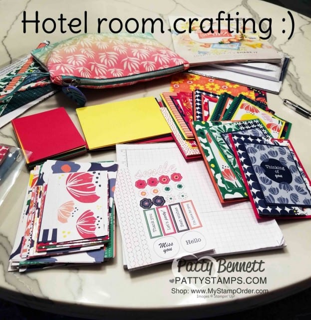 Supplies for my Happiness Blooms designer paper fun fold card idea featuring Stampin' Up! card making supplies and Memories & More cards, by Patty Bennett, www.PattyStamps.com