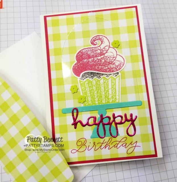 Sale-a-Bration 2019 Hello Cupcake stamp set from Stampin' UP! with matching Call Me Cupcake framelits. Birthday card idea by Patty Bennett www.PattyStamps.com