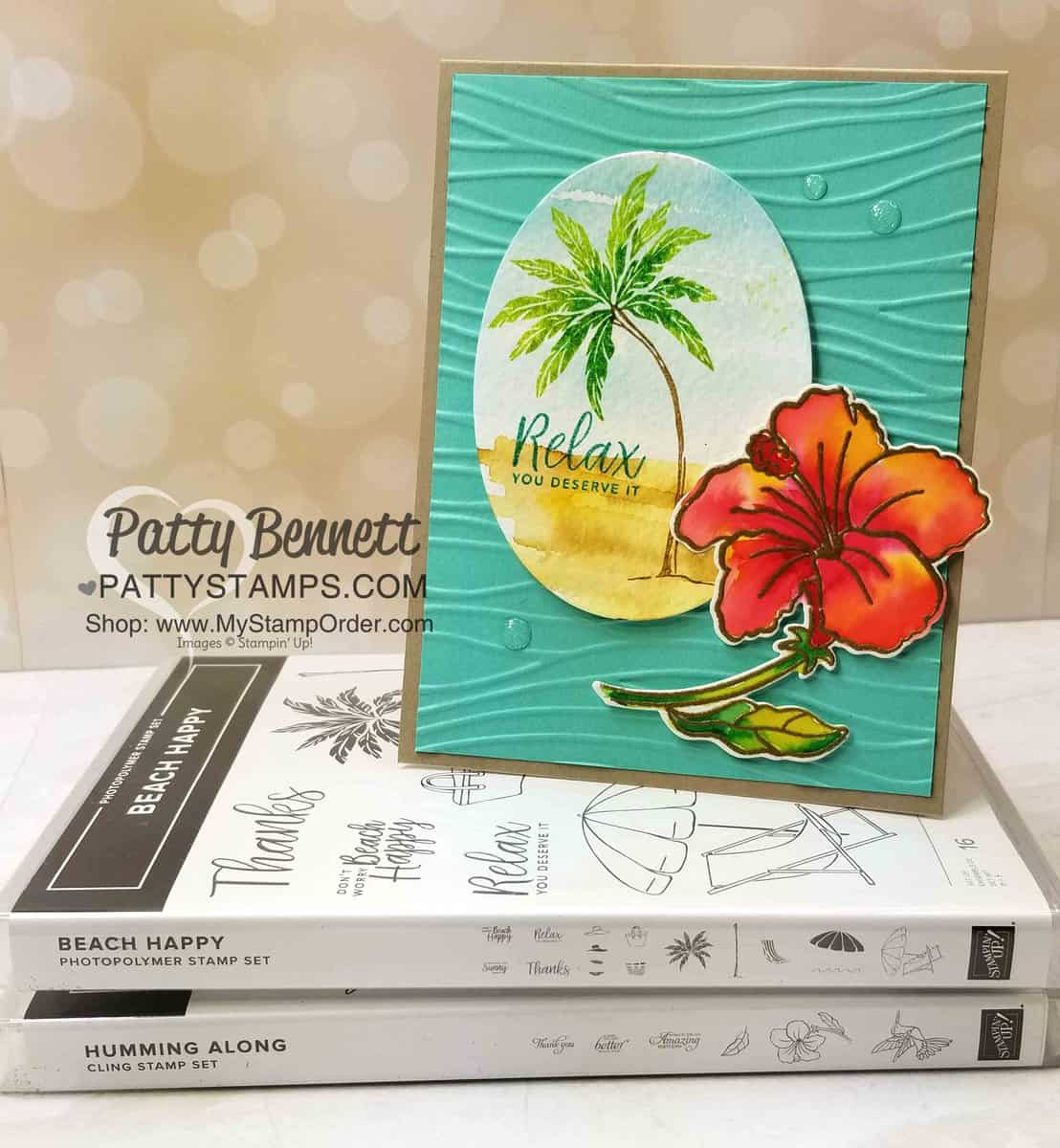 Stampin' UP! Humming Along bundle and Beach Happy stamp set card with Seaside embossing folder background. Watercolored card idea by Patty Bennett www.PattyStamps.com