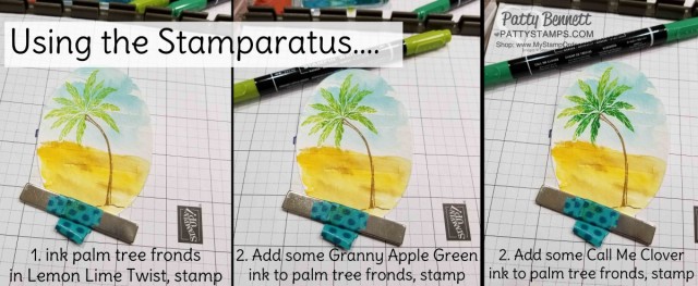 How to stamp the Beach Happy Palm Tree with the Stampin' UP! Stamparatus and 3 green inks, Patty Bennett www.PattyStamps.com