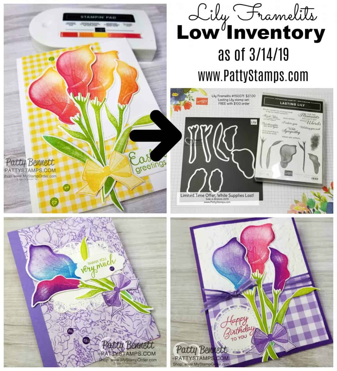 Lasting Lily stamp set available as a 2019 Stampin' Up! Sale-a-Bration item with your $100 order!! Lily framelits available for purchase while supplies last. www.PattyStamps.com