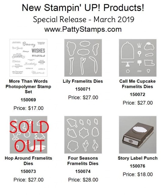 Stampin' UP! special March 2019 Sale-a-Bration coordination framelits, stamp set and Story Label punch. www.pattystamps.com