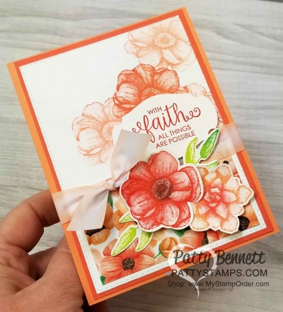 Stampin' UP! Painted Seasons Bundle - Limited Time Offer March 2019. Ribbon of Courage Faith Card idea by Patty Bennett with Story Label Punch. www.PattyStamps.com