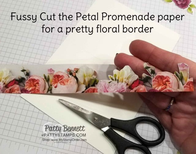 Fussy cut flower border from Petal Promenade paper for note card border on Tea Together card. by Patty Bennett www.PattyStamps.com