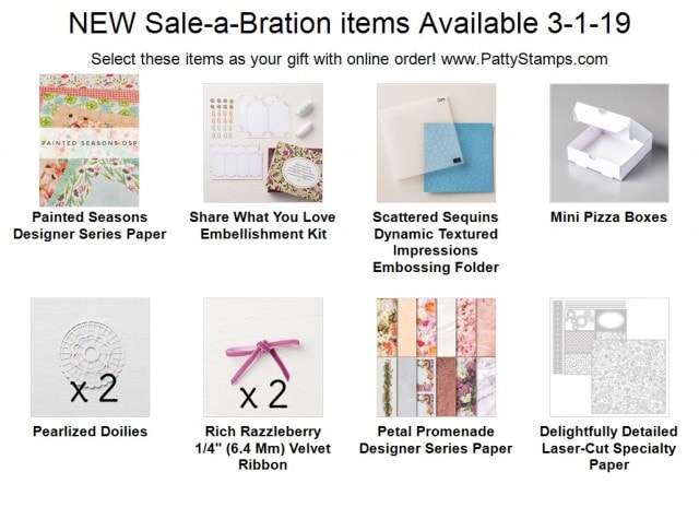 Sale a Bration 2019 Additional Gift Items - select one item with each $50 you order online! No Limit! www.PattyStamps.com