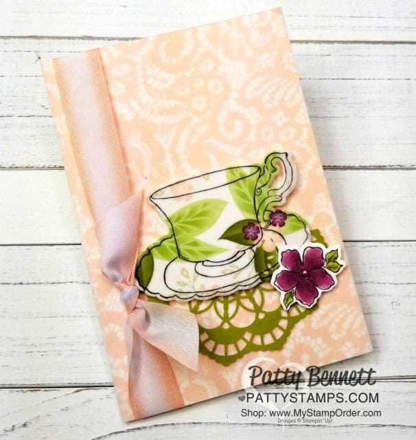 Tea cup card featuring Stampin' UP! Tea Together set and Tea Time Framelit dies. Stamp tea cups on Floral Romance vellum and die cut for a beautiful "china" look. by Patty Bennett www.PattyStamps.com