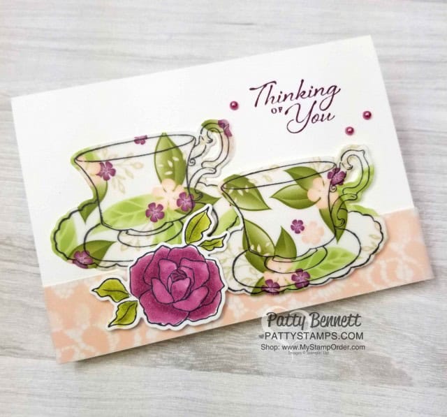 Tea cup card featuring Stampin' UP! Tea Together set and Tea Time Framelit dies. Stamp tea cups on Floral Romance vellum and die cut for a beautiful "china" look. by Patty Bennett www.PattyStamps.com