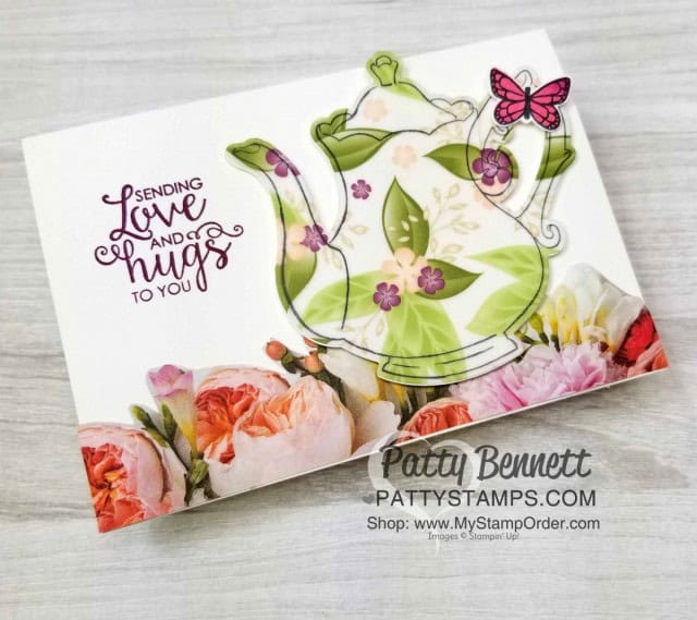 Tea pot card featuring Stampin' UP! Tea Together set and Tea Time Framelit dies. Stamp tea cups on Floral Romance vellum and die cut for a beautiful "china" look. Fussy cut flower border from Petal Promenade paper for note card border. by Patty Bennett www.PattyStamps.com