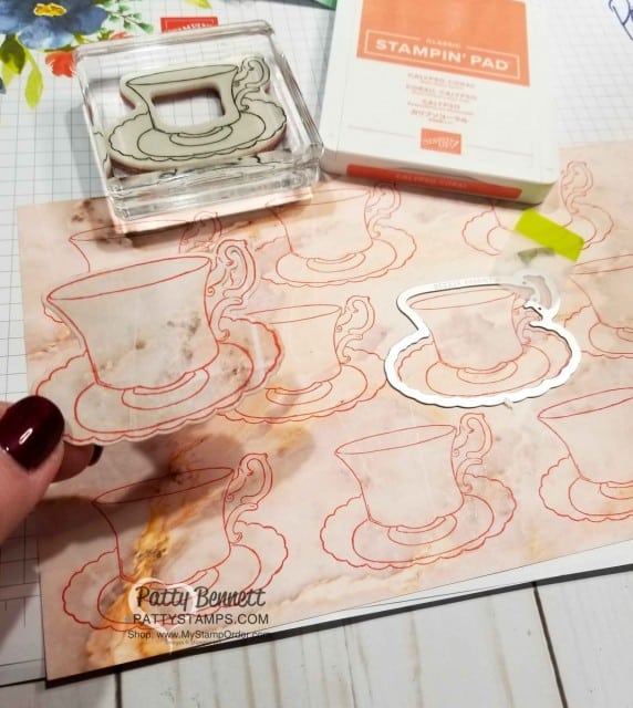 Stamp tea cup from the Tea Together stamp set onto Petal Promenade designer paper for antique china look! www.PattyStamps.com