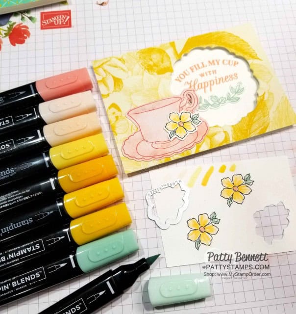 Stampin' Blends coloring on Time for Tea Note Card featuring Stampin' Up! Tea Room designer paper, Tea Together stamp set and Sale-a-Bration Tea Time framelits, by Patty Bennett www.PattyStamps.com
