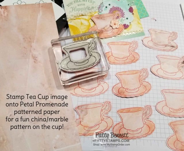 Stamp tea cup from the Tea Together stamp set onto Petal Promenade designer paper for antique china look! www.PattyStamps.com