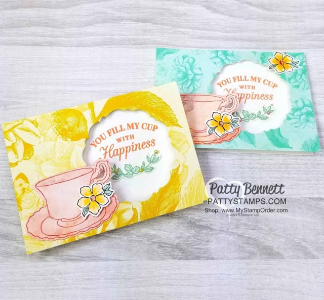 Time for Tea Note Card featuring Stampin' Up! Tea Room designer paper, Tea Together stamp set and Sale-a-Bration Tea Time framelits, by Patty Bennett www.PattyStamps.com