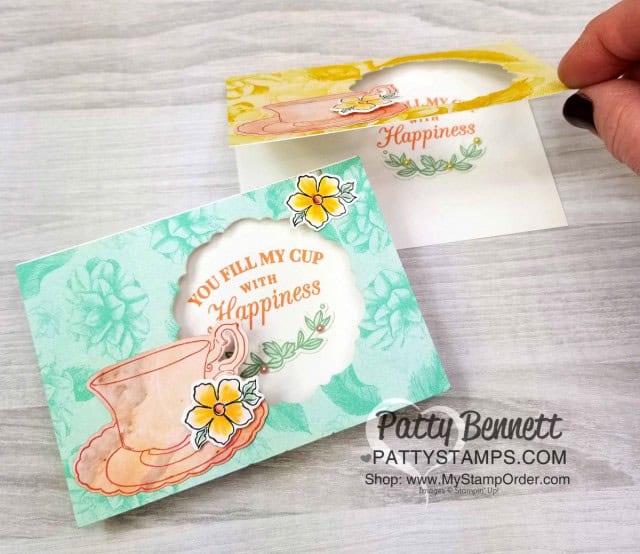 Time for Tea Note Card featuring Stampin' Up! Tea Room designer paper, Tea Together stamp set and Sale-a-Bration Tea Time framelits, by Patty Bennett www.PattyStamps.com