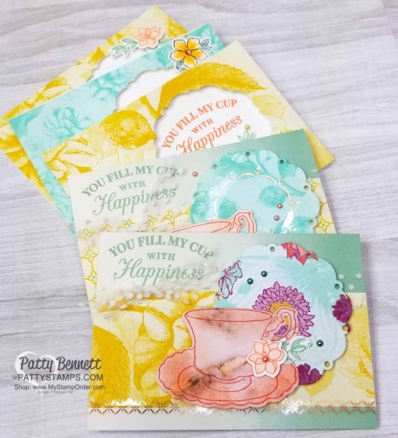 Time for Tea Note Card featuring Stampin' Up! Tea Room designer paper, Tea Together stamp set and Sale-a-Bration Tea Time framelits, by Patty Bennett www.PattyStamps.com