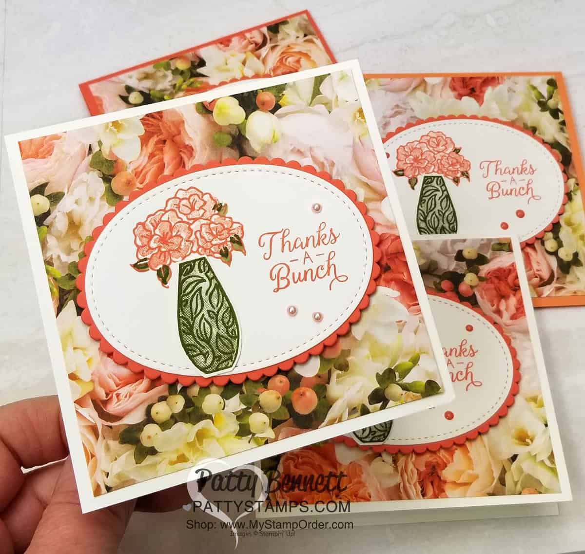 Vibrant Vases note card idea featuring Stampin' UP! Petal Promenade designer paper background and layering oval die cut. Thanks a Bunch card by Patty Bennett www.PattyStamps.com
