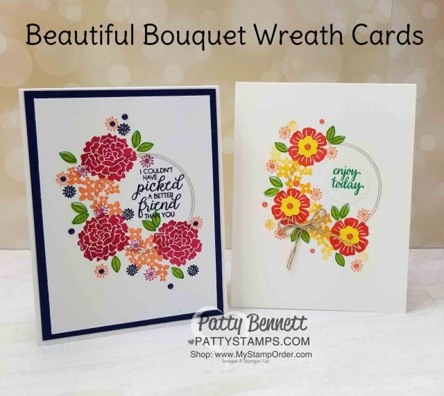 Beautiful Bouquet stamp set wreath card idea inspired by Martin Stone. Patty Bennett www.PattyStamps.com