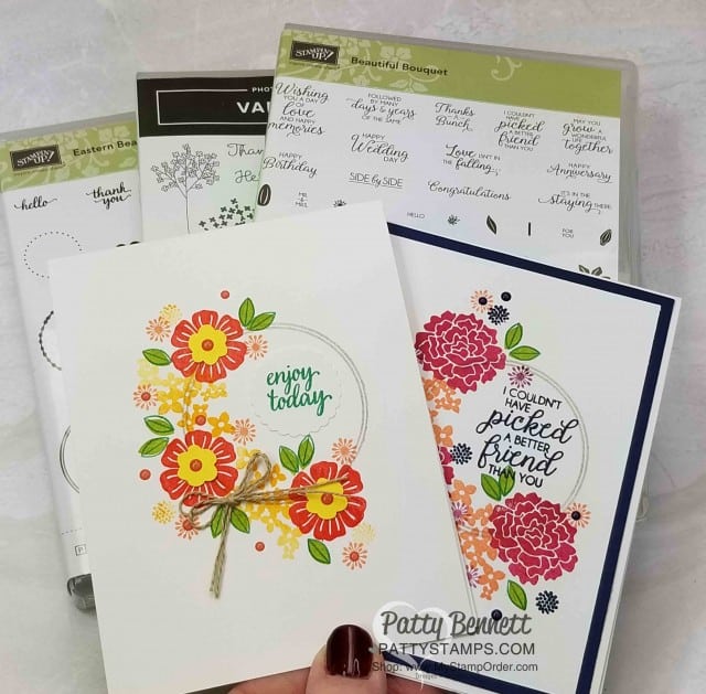 Beautiful Bouquet stamp set wreath card idea inspired by Martin Stone. Patty Bennett www.PattyStamps.com