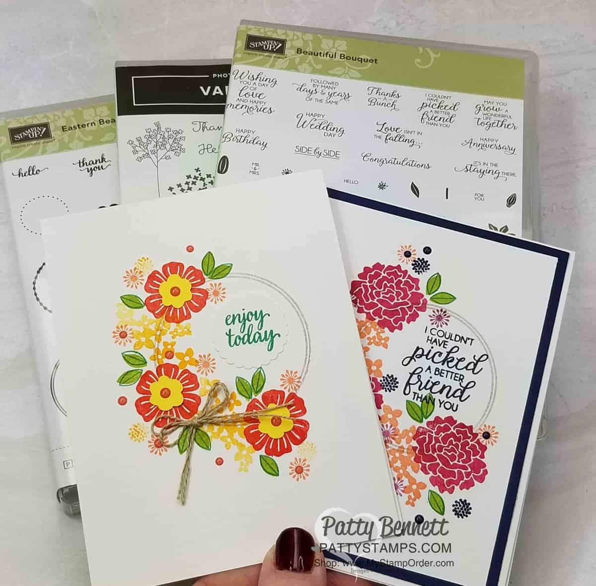 Beautiful Bouquet stamp set wreath card idea inspired by Martin Stone. Patty Bennett www.PattyStamps.com
