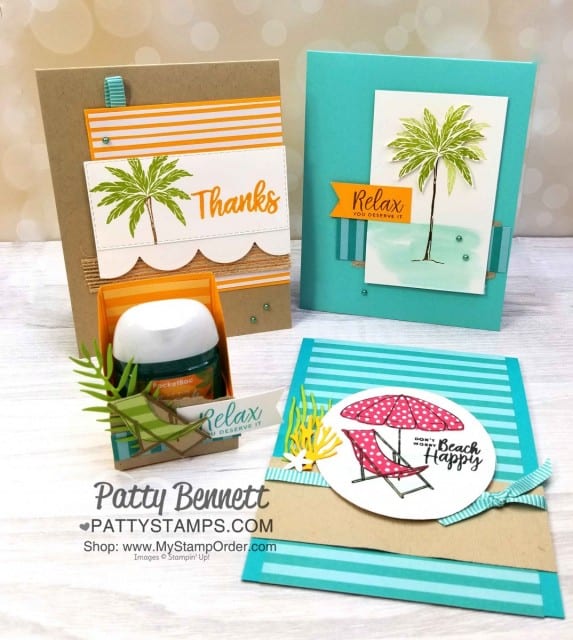 Beach Happy Stampin' UP! project ensemble featuring cards and hand sanitizer treat. www.PattyStamps.com