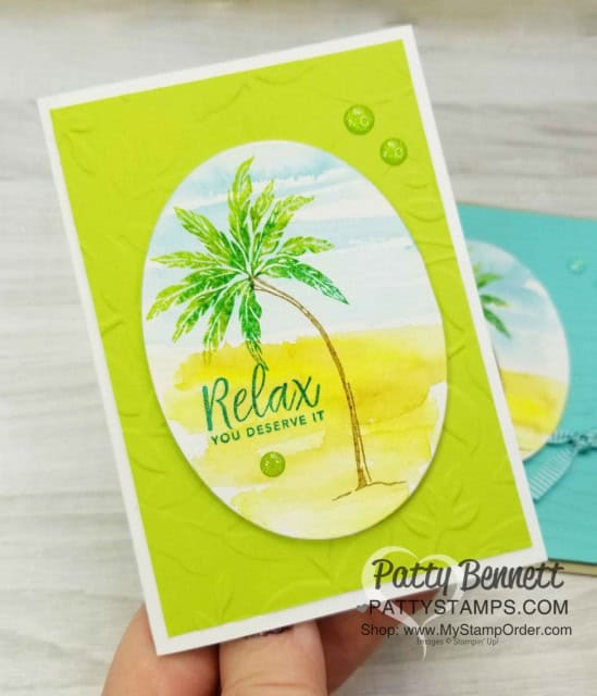 Stampin' UP! Beach Happy stamp set with watercolor background and stamped palm tree featuring Layered Leaves embossing folder by Patty Bennett www.PattyStamps.com