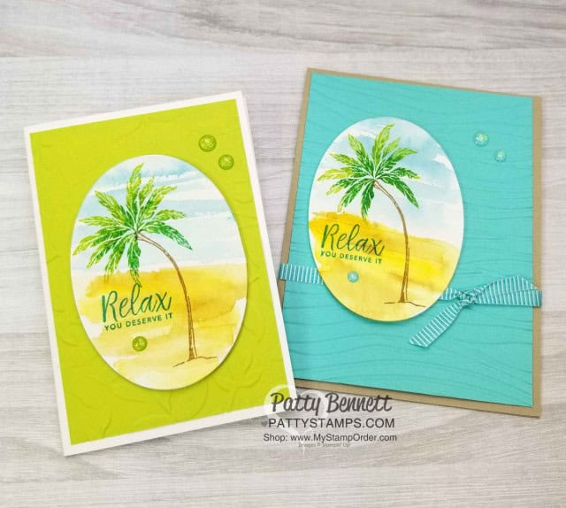 Stampin' UP! Beach Happy stamp set with watercolor background and stamped palm tree featuring Seaside and Layered Leaves embossing folders by Patty Bennett www.PattyStamps.com