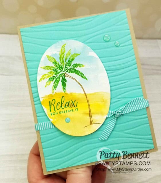 Stampin' UP! Beach Happy stamp set with watercolor background and stamped palm tree featuring Seaside embossing folder by Patty Bennett www.PattyStamps.com