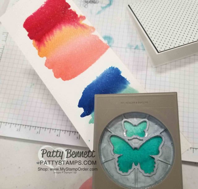 Stampin' UP! Butterfly Duet punch card idea featuring watercolor rainbow background. www.PattyStamps.com