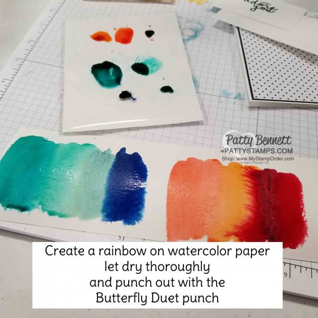 Stampin' UP! Butterfly Duet punch card idea featuring watercolor rainbow background. www.PattyStamps.com