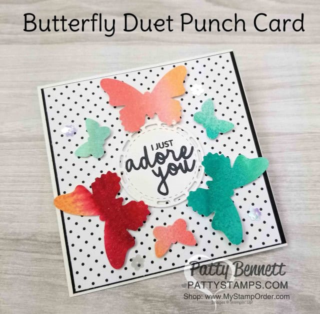 Stampin' UP! Butterfly Duet punch card idea featuring watercolor rainbow background. www.PattyStamps.com
