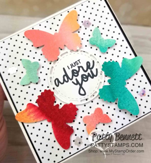 Stampin' UP! Butterfly Duet punch card idea featuring watercolor rainbow background. www.PattyStamps.com
