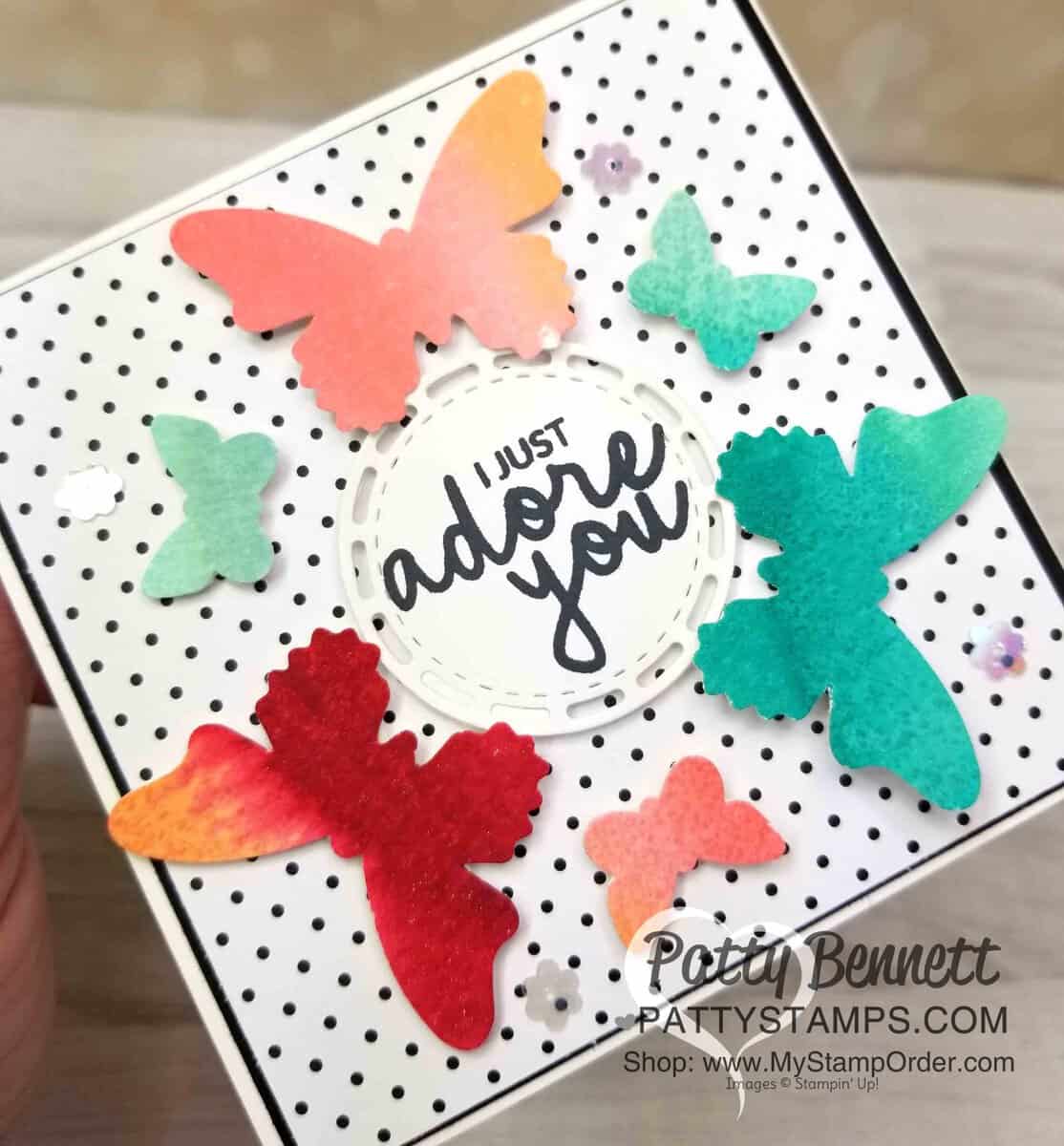 Stampin' UP! Butterfly Duet punch card idea featuring watercolor rainbow background. www.PattyStamps.com