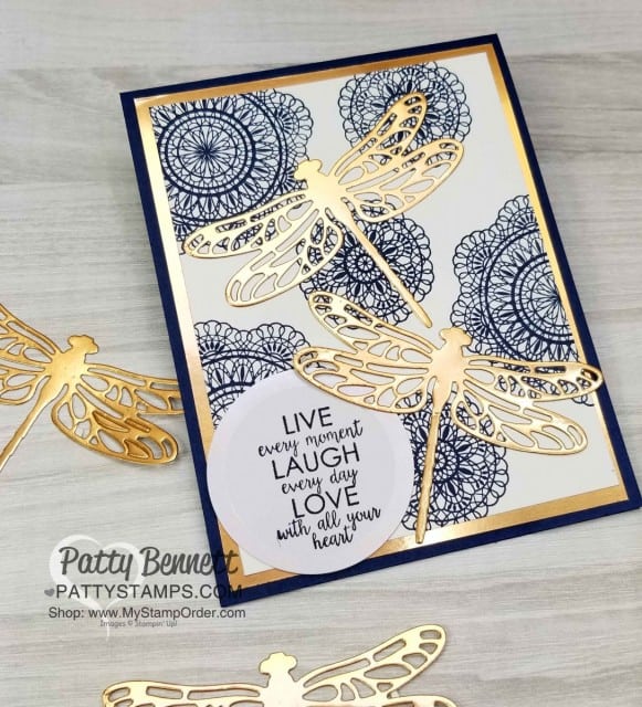 Stampin' UP! Dear Doily stamp set background in Night of Navy ink, with Copper Foil paper mat and Copper Foil Detailed Dragonfly die cuts. Greeting stamped on Sweet Pins & Tags tag. www.PattyStamps.com