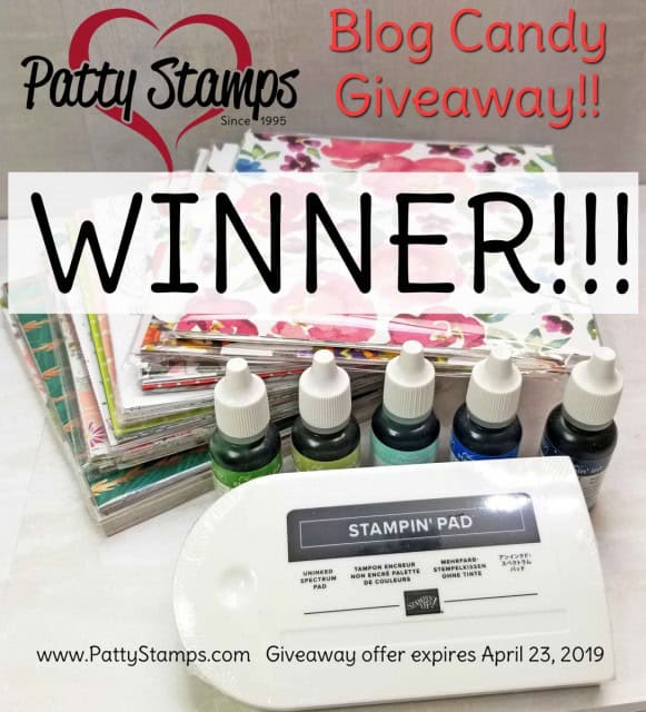 Blog Candy Giveaway winner from PattyStamps: Designer paper stacks and spectrum pad with 5 reinkers. www.PattyStamps.com