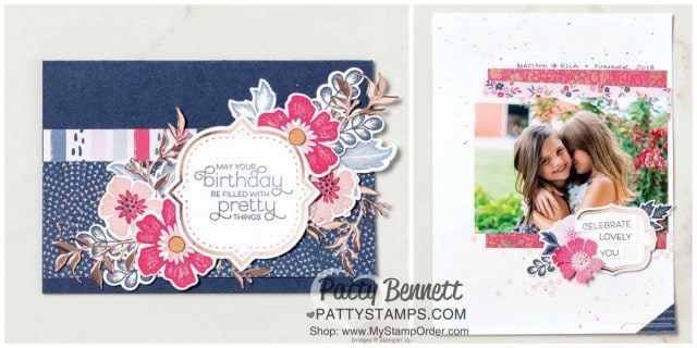 Everything is Rosy paper crafting / card making product medley available while supplies last from Stampin' Up! May 2019. Kit includes stamp set, framelit dies, 6x6 paper stack, rose gold foil paper, die cuts, ribbon and Rose Gold Shimmer paint. www.PattyStamps.com