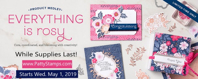 Everything is Rosy paper crafting / card making product medley available while supplies last from Stampin' Up! May 2019. Kit includes stamp set, framelit dies, 6x6 paper stack, rose gold foil paper, die cuts, ribbon and Rose Gold Shimmer paint. www.PattyStamps.com