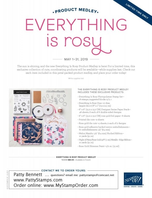 Everything is Rosy paper crafting / card making product medley available while supplies last from Stampin' Up! May 2019. Kit includes stamp set, framelit dies, 6x6 paper stack, rose gold foil paper, die cuts, ribbon and Rose Gold Shimmer paint. www.PattyStamps.com