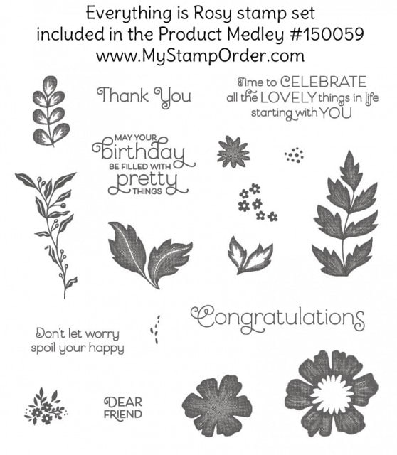 Everything is Rosy paper crafting / card making product medley available while supplies last from Stampin' Up! May 2019. Kit includes stamp set, framelit dies, 6x6 paper stack, rose gold foil paper, die cuts, ribbon and Rose Gold Shimmer paint. www.PattyStamps.com