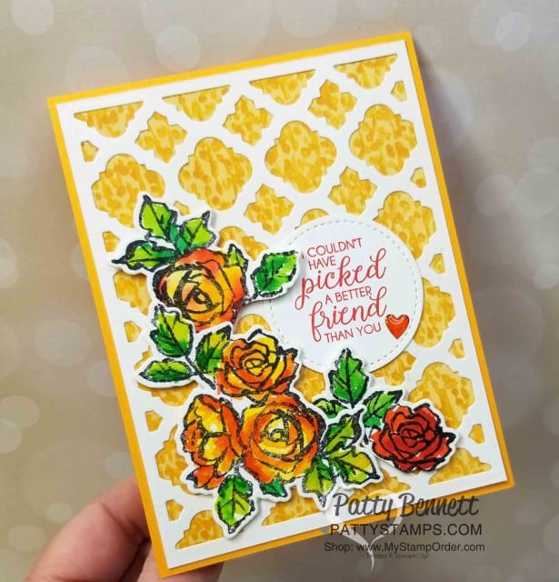 Stampin' UP! Florentine Thinlit die - perfect lattice background for the watercolored Petal Palette flowers on my handmade card. By Patty Bennett www.PattyStamps.com
