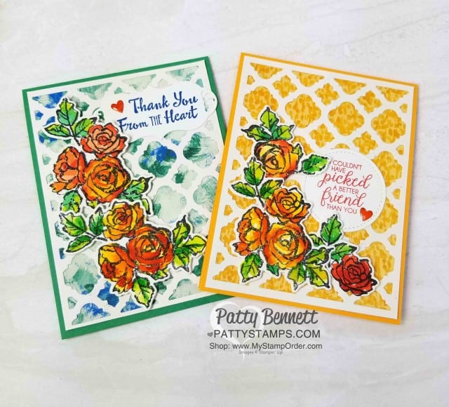 Stampin' UP! Florentine Thinlit die - perfect lattice background for the watercolored Petal Palette flowers on my handmade card. By Patty Bennett www.PattyStamps.com