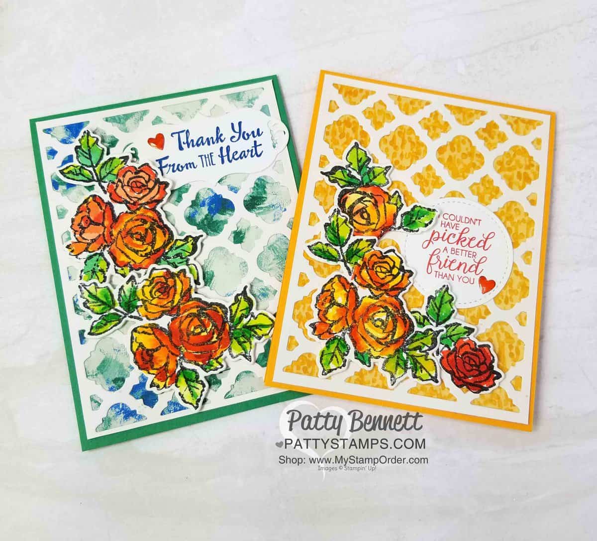 Stampin' UP! Florentine Thinlit die - perfect lattice background for the watercolored Petal Palette flowers on my handmade card. By Patty Bennett www.PattyStamps.com