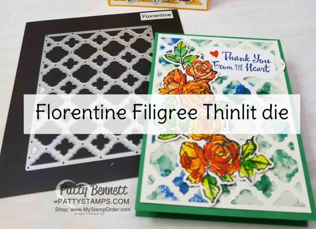 Stampin' UP! Florentine Thinlit die - perfect lattice background for the watercolored Petal Palette flowers on my handmade card. By Patty Bennett www.PattyStamps.com