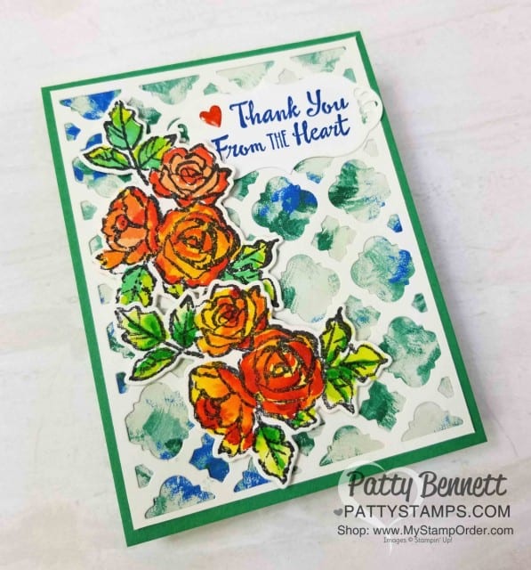 Stampin' UP! Florentine Thinlit die - perfect lattice background for the watercolored Petal Palette flowers on my handmade card. By Patty Bennett www.PattyStamps.com