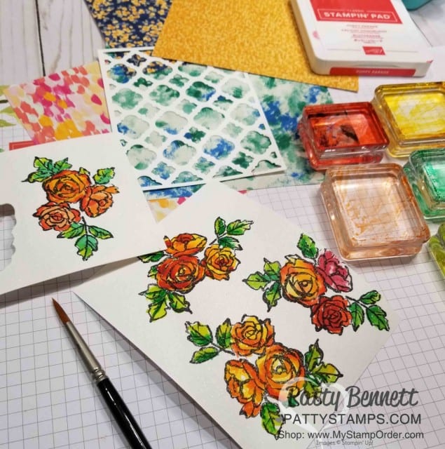 Stampin' UP! Florentine Thinlit die - perfect lattice background for the watercolored Petal Palette flowers on my handmade card. By Patty Bennett www.PattyStamps.com