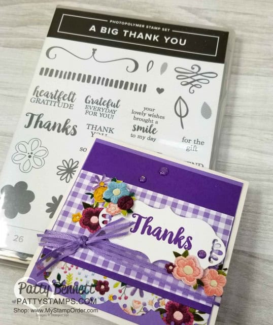Gorgeous Grape Needlepoint Nook thank you card featuring Stampin' Up! cardmaking supplies, by Patty Bennett, www.PattyStamps.com