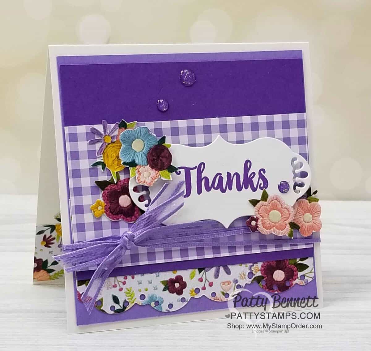Gorgeous Grape Needlepoint Nook thank you card featuring Stampin' Up! cardmaking supplies, by Patty Bennett, www.PattyStamps.com