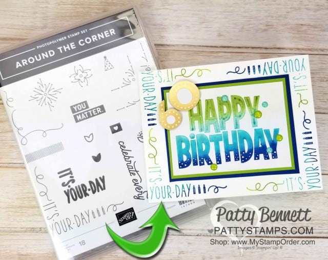 One for All stamp set birthday card idea featuring Spectrum rainbow pad. www.PattyStamps.com